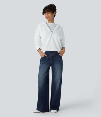 Halara Flex™ Asymmetric Low Rise Zipper Pockets Baggy Wide Leg Washed Casual Jeans