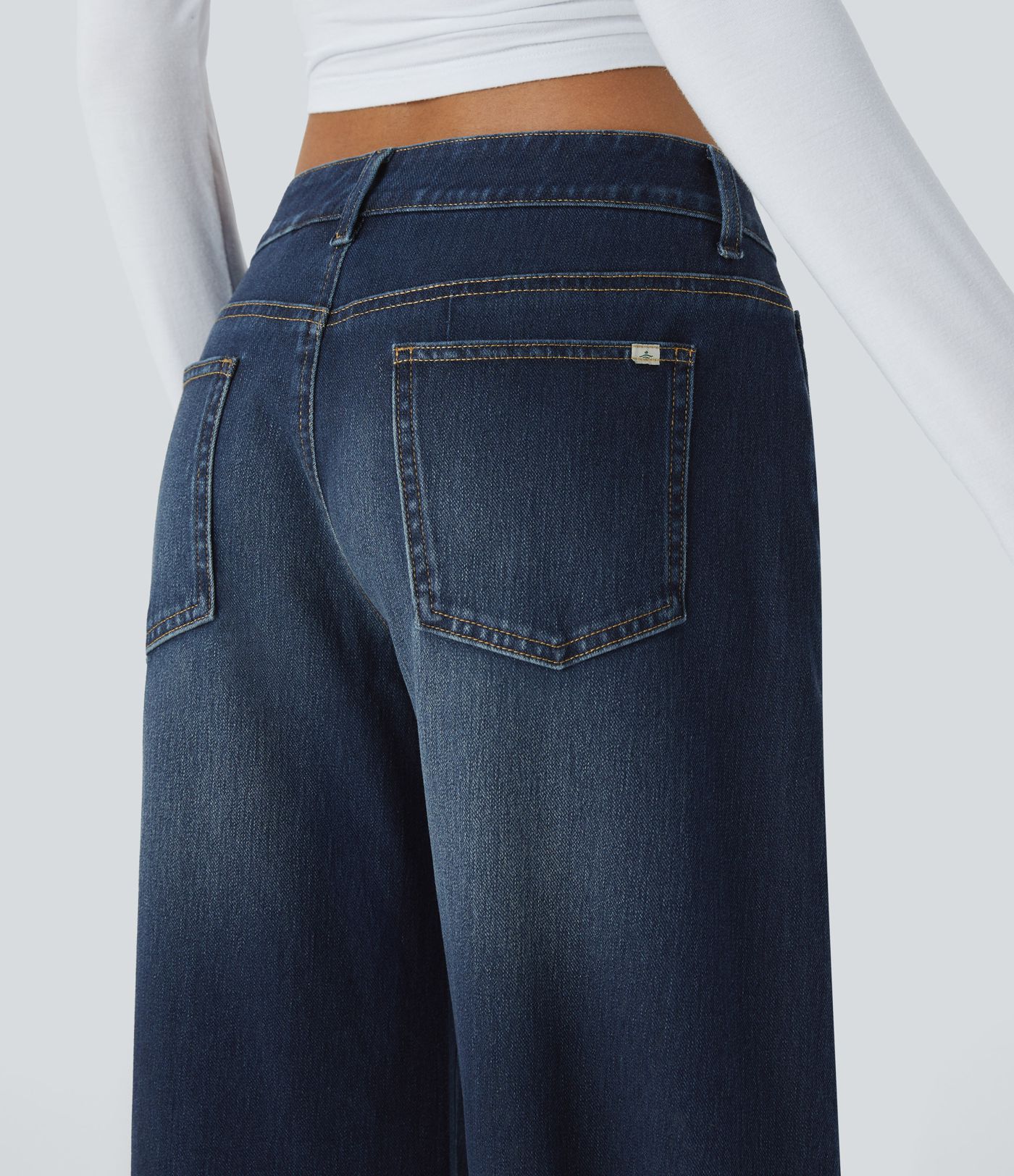 Halara Flex™ Asymmetric Low Rise Zipper Pockets Baggy Wide Leg Washed Casual Jeans