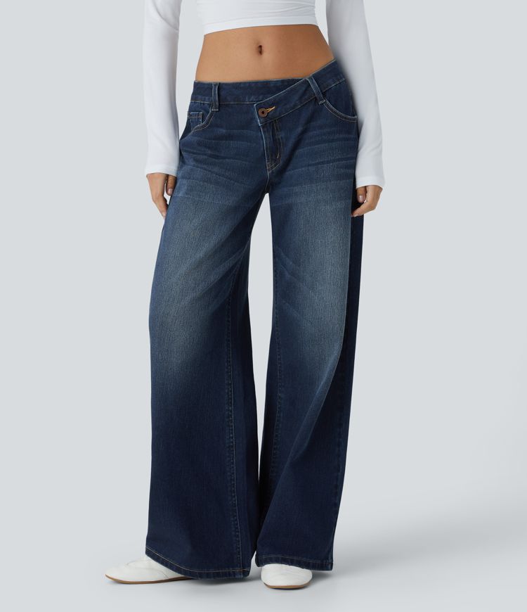Halara Flex™ Asymmetric Low Rise Zipper Pockets Baggy Wide Leg Washed Casual Jeans