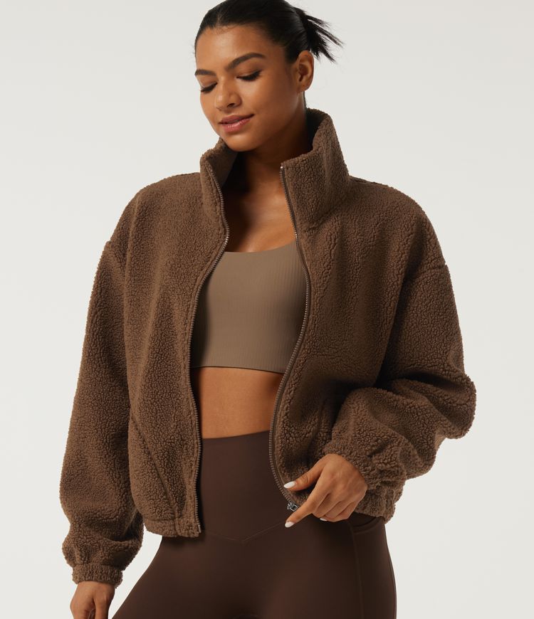 Veste sherpa de yoga à col roulé et manches longues avec poches