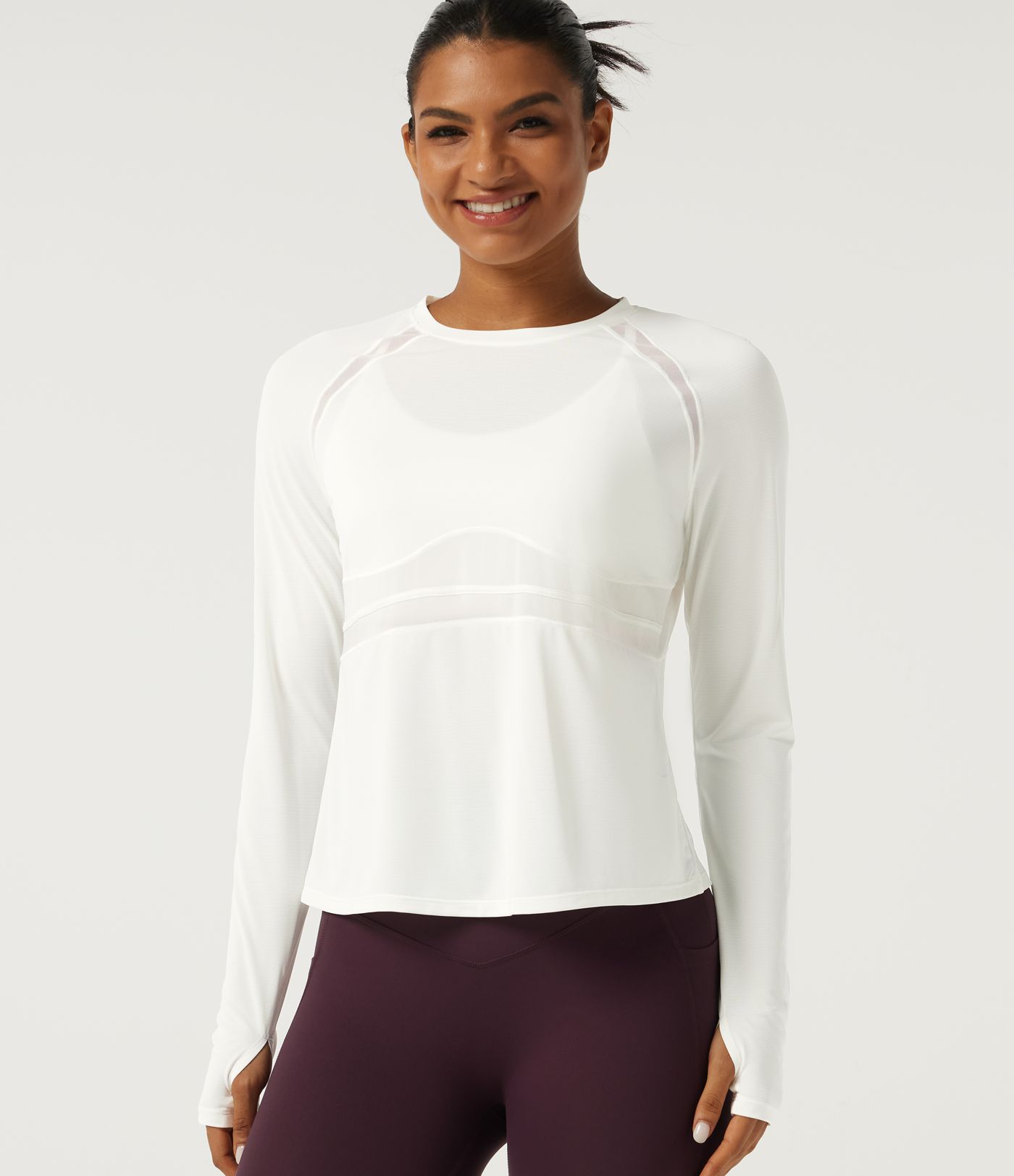 Round Neck Long Sleeve Contrast Mesh Running Sports Top with Thumbholes Round Neck Long Sleeve Contrast Mesh Running Sports Top with Thumbholes