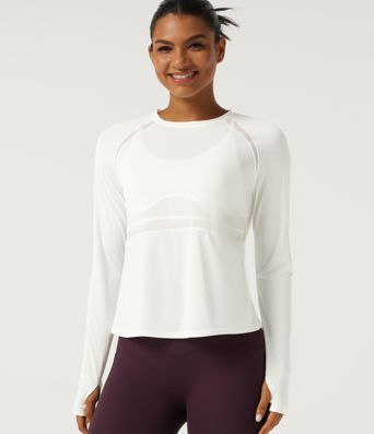 Round Neck Long Sleeve Contrast Mesh Running Sports Top with Thumbholes Round Neck Long Sleeve Contrast Mesh Running Sports Top with Thumbholes