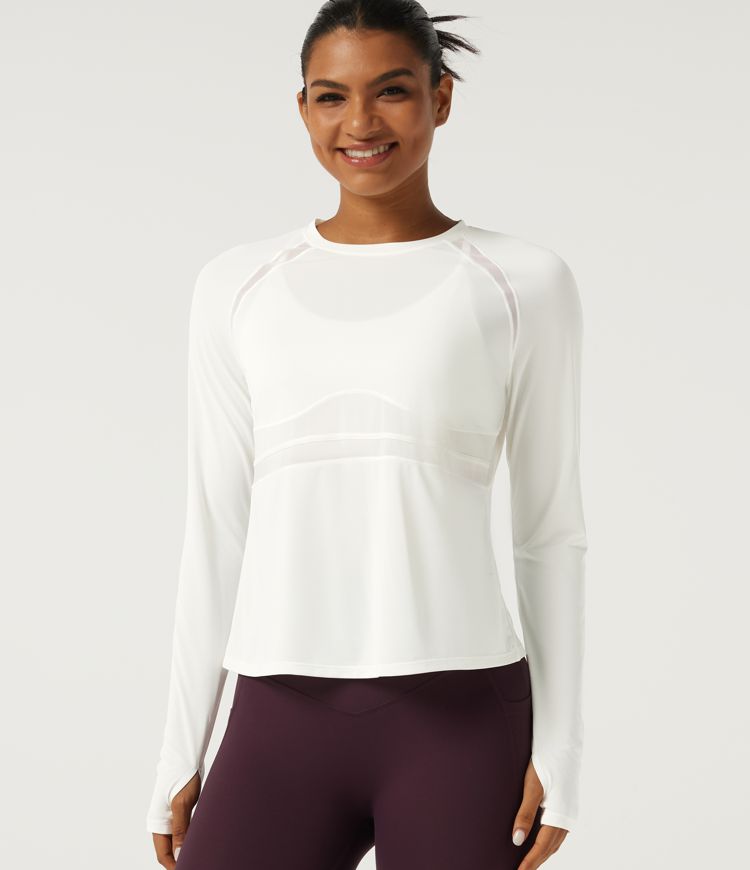 Round Neck Long Sleeve Contrast Mesh Running Sports Top with Thumbholes Round Neck Long Sleeve Contrast Mesh Running Sports Top with Thumbholes