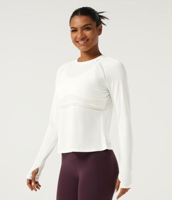 Round Neck Long Sleeve Contrast Mesh Running Sports Top with Thumbholes Round Neck Long Sleeve Contrast Mesh Running Sports Top with Thumbholes
