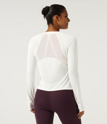 Round Neck Long Sleeve Contrast Mesh Running Sports Top with Thumbholes Round Neck Long Sleeve Contrast Mesh Running Sports Top with Thumbholes