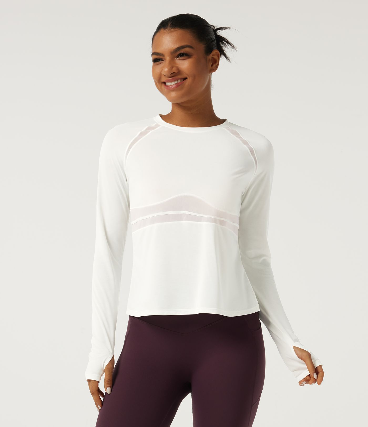 Round Neck Long Sleeve Contrast Mesh Running Sports Top with Thumbholes Round Neck Long Sleeve Contrast Mesh Running Sports Top with Thumbholes