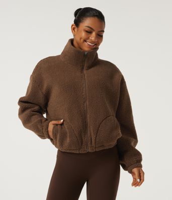 Veste sherpa de yoga à col roulé et manches longues avec poches