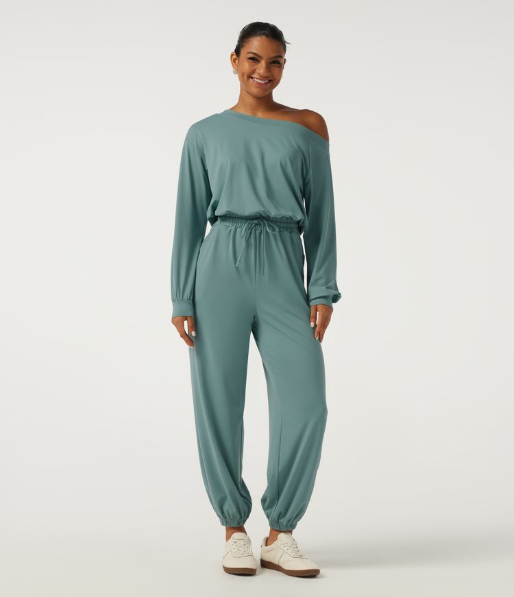 One Shoulder Long Sleeve Drawstring Casual Jumpsuit with Pockets - Easy Peezy Edition