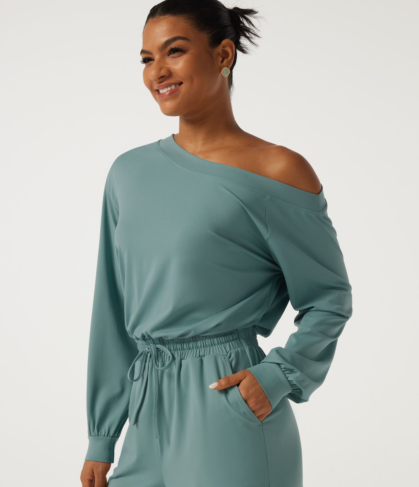 One Shoulder Long Sleeve Drawstring Casual Jumpsuit with Pockets - Easy Peezy Edition One Shoulder Long Sleeve Drawstring Casual Jumpsuit with Pockets - Easy Peezy Edition