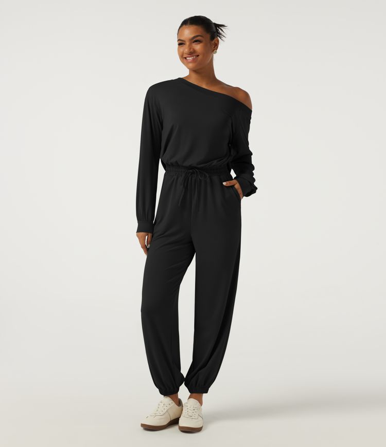 One Shoulder Long Sleeve Drawstring Casual Jumpsuit with Pockets - Easy Peezy Edition