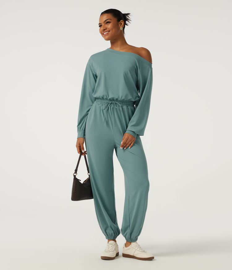 One Shoulder Long Sleeve Drawstring Casual Jumpsuit with Pockets - Easy Peezy Edition One Shoulder Long Sleeve Drawstring Casual Jumpsuit with Pockets - Easy Peezy Edition