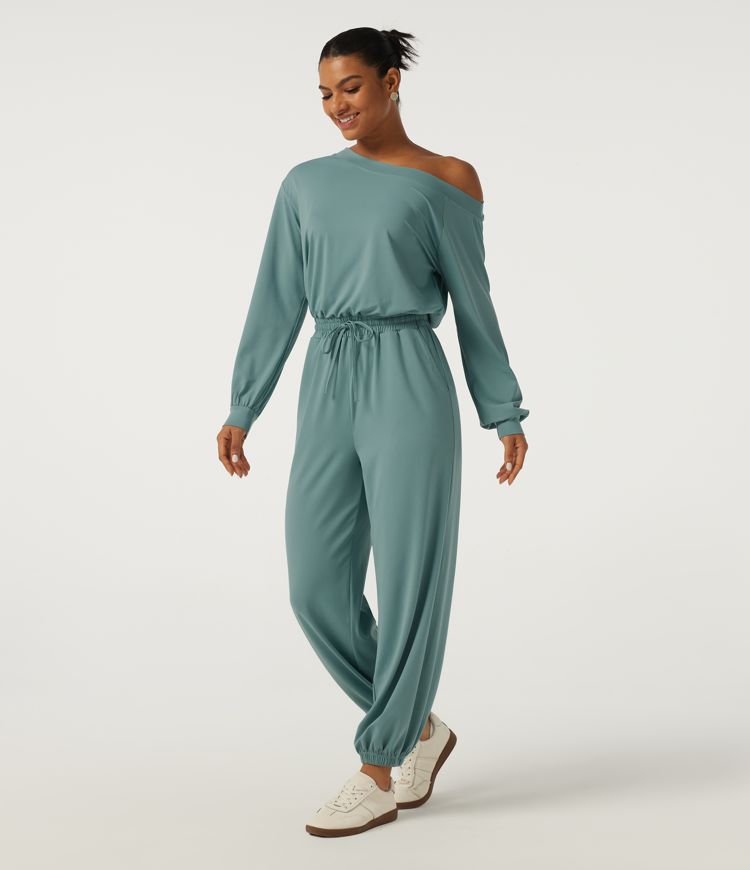 One Shoulder Long Sleeve Drawstring Casual Jumpsuit with Pockets - Easy Peezy Edition One Shoulder Long Sleeve Drawstring Casual Jumpsuit with Pockets - Easy Peezy Edition