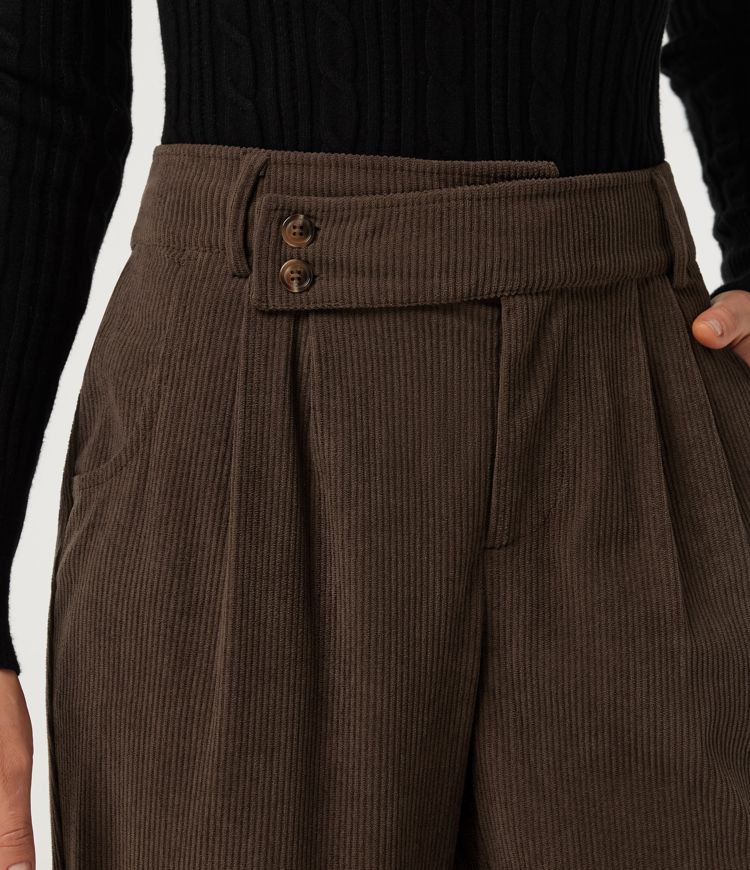 Pantalon décontracté en velours côtelé, taille mi-haute, jambe droite, coupe asymétrique, avec poches