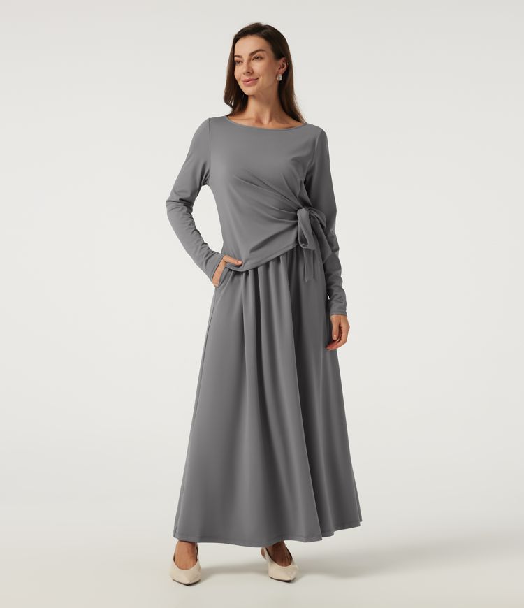 Robe longue évasée à col bateau et manches longues avec poches