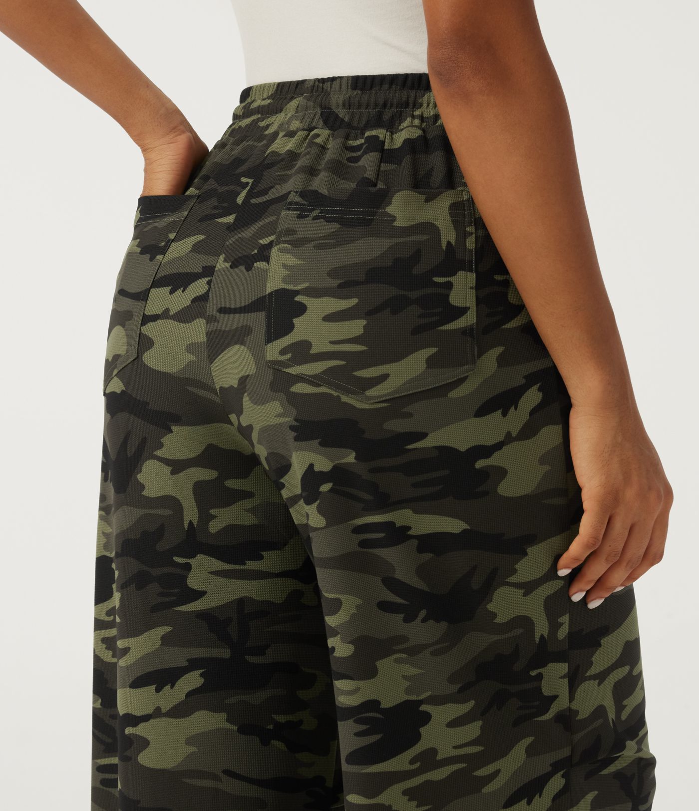 Mid Rise Baggy Drawstring Camo Waffle Casual Pants with Pockets