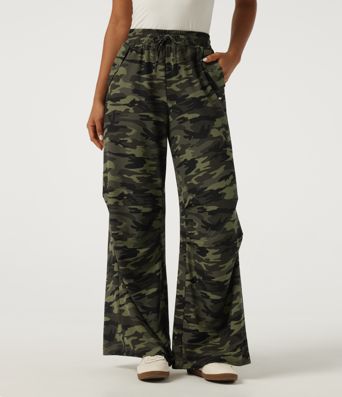 Mid Rise Baggy Drawstring Camo Waffle Casual Pants with Pockets