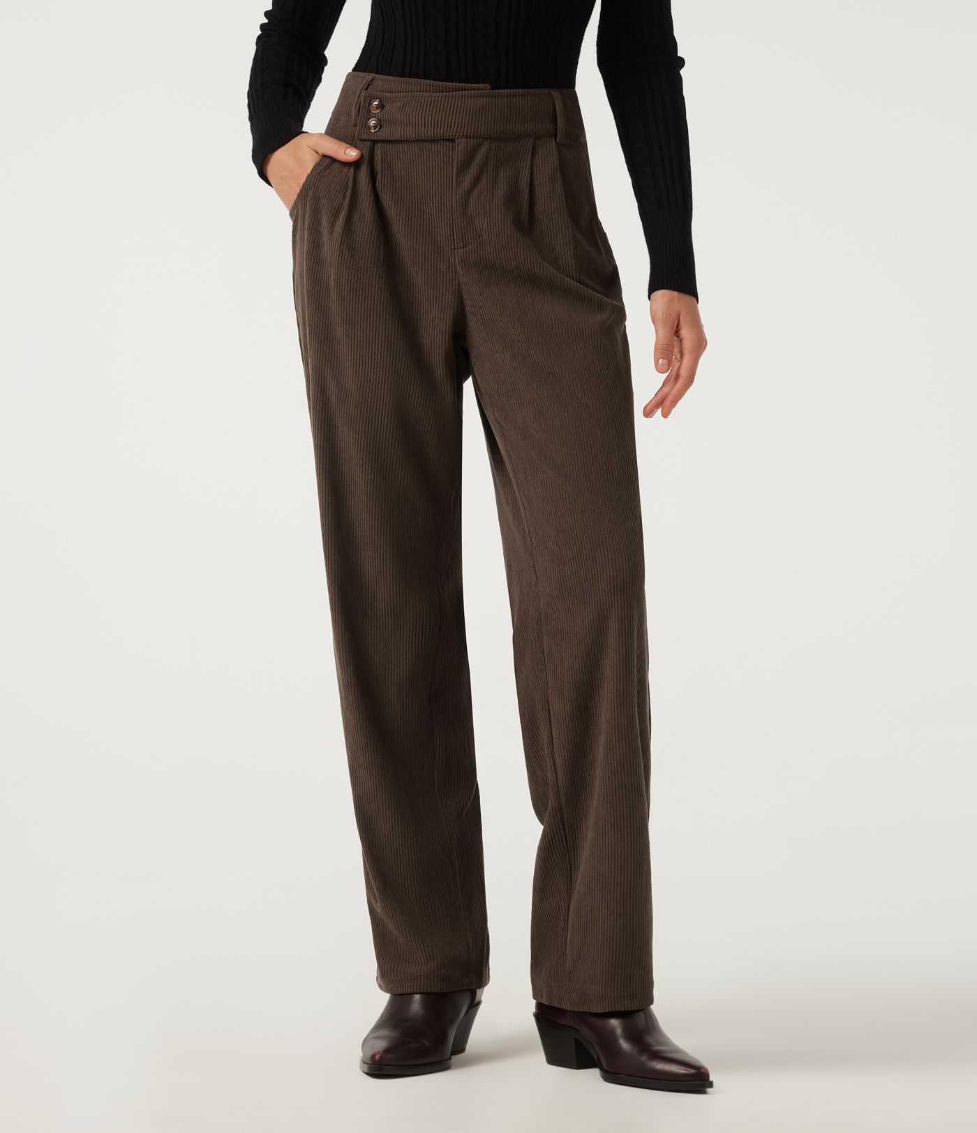 Pantalon décontracté en velours côtelé, taille mi-haute, jambe droite, coupe asymétrique, avec poches