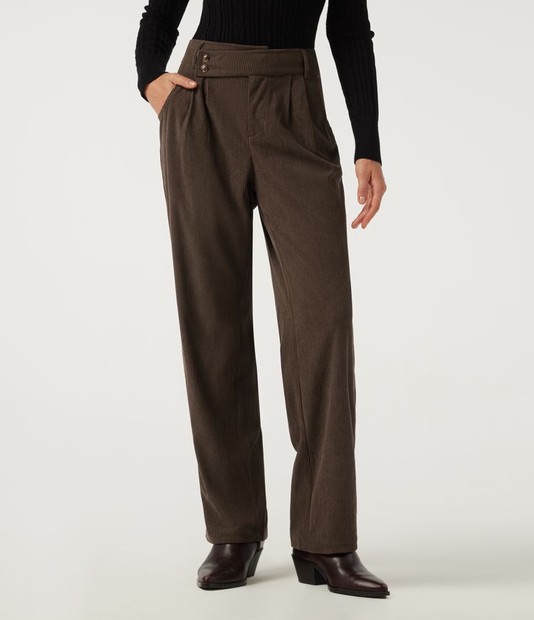 Pantalon décontracté en velours côtelé, taille mi-haute, jambe droite, coupe asymétrique, avec poches