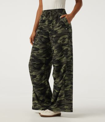 Mid Rise Baggy Drawstring Camo Waffle Casual Pants with Pockets