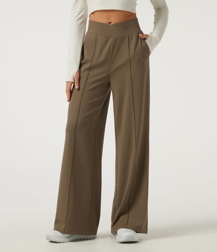 High Waisted Crossover Pintuck Wide Leg Quick Dry Golf Trousers with Pockets-Golf Tee-UPF40+