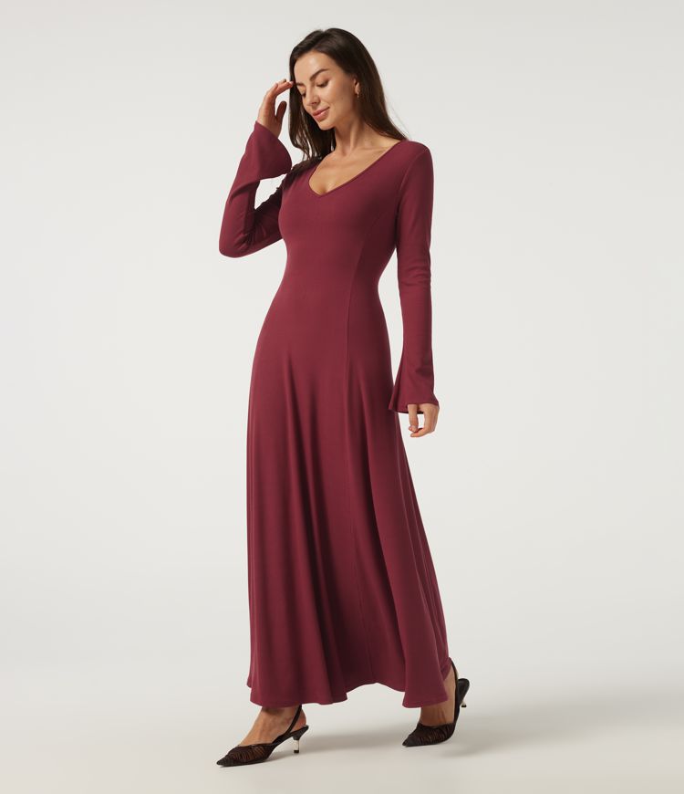Robe maxi décontractée en maille côtelée, col V, manches longues à volants, coupe évasée (A-line)