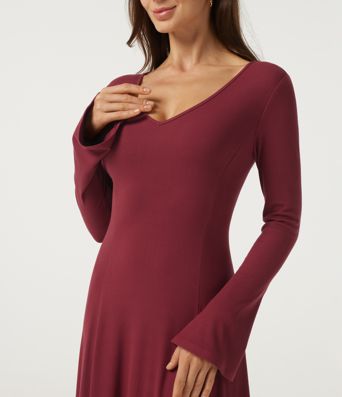Robe maxi décontractée en maille côtelée, col V, manches longues à volants, coupe évasée (A-line)