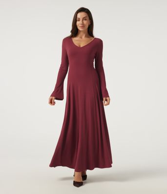 Robe maxi décontractée en maille côtelée, col V, manches longues à volants, coupe évasée (A-line)