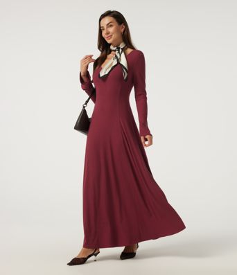 Robe maxi décontractée en maille côtelée, col V, manches longues à volants, coupe évasée (A-line)