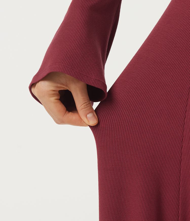 Robe maxi décontractée en maille côtelée, col V, manches longues à volants, coupe évasée (A-line)