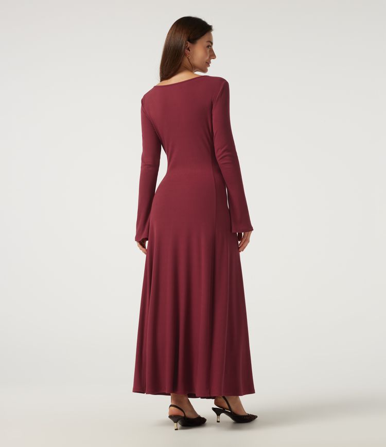 Robe maxi décontractée en maille côtelée, col V, manches longues à volants, coupe évasée (A-line)