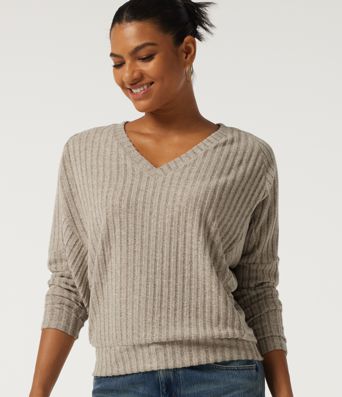 Ribbed Knit V Neck Long Sleeve Casual Top