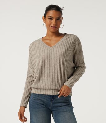 Ribbed Knit V Neck Long Sleeve Casual Top