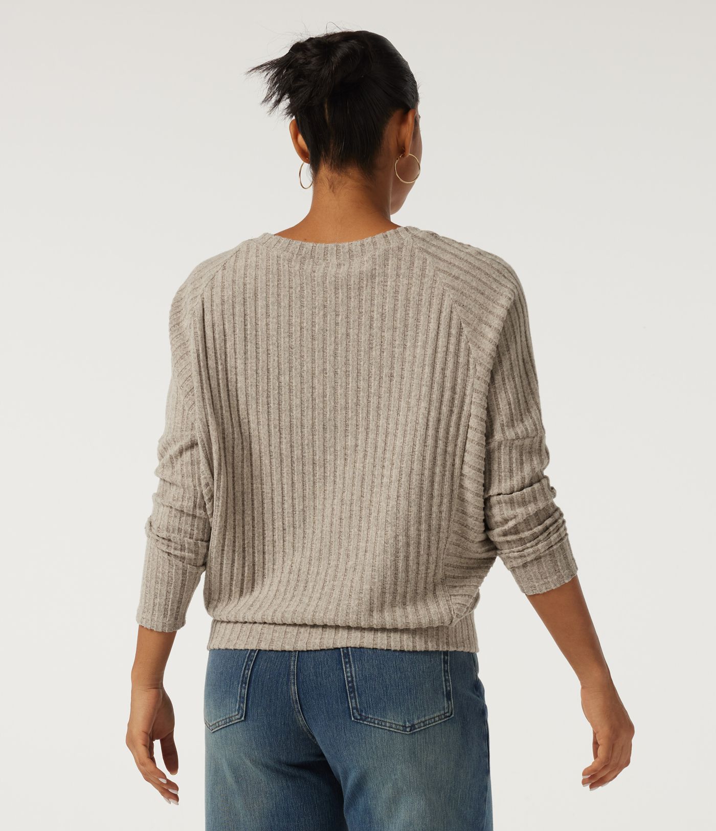 Ribbed Knit V Neck Long Sleeve Casual Top