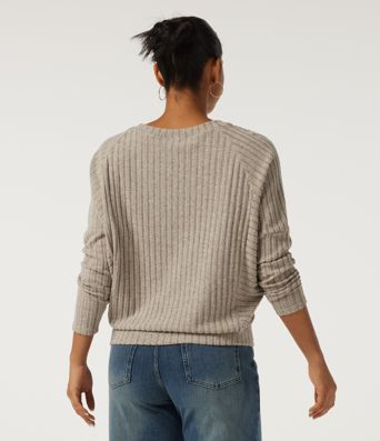 Ribbed Knit V Neck Long Sleeve Casual Top