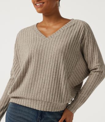 Ribbed Knit V Neck Long Sleeve Casual Top