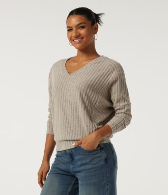 Ribbed Knit V Neck Long Sleeve Casual Top