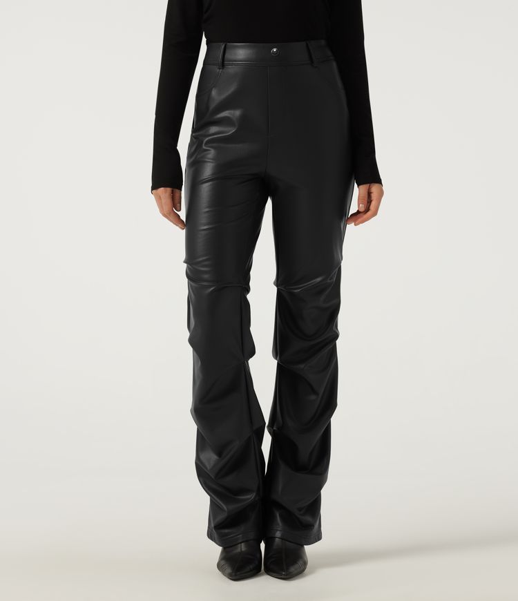 High Waisted Ruched Bootcut Stretchy PU Fleece Casual Pants with Pockets