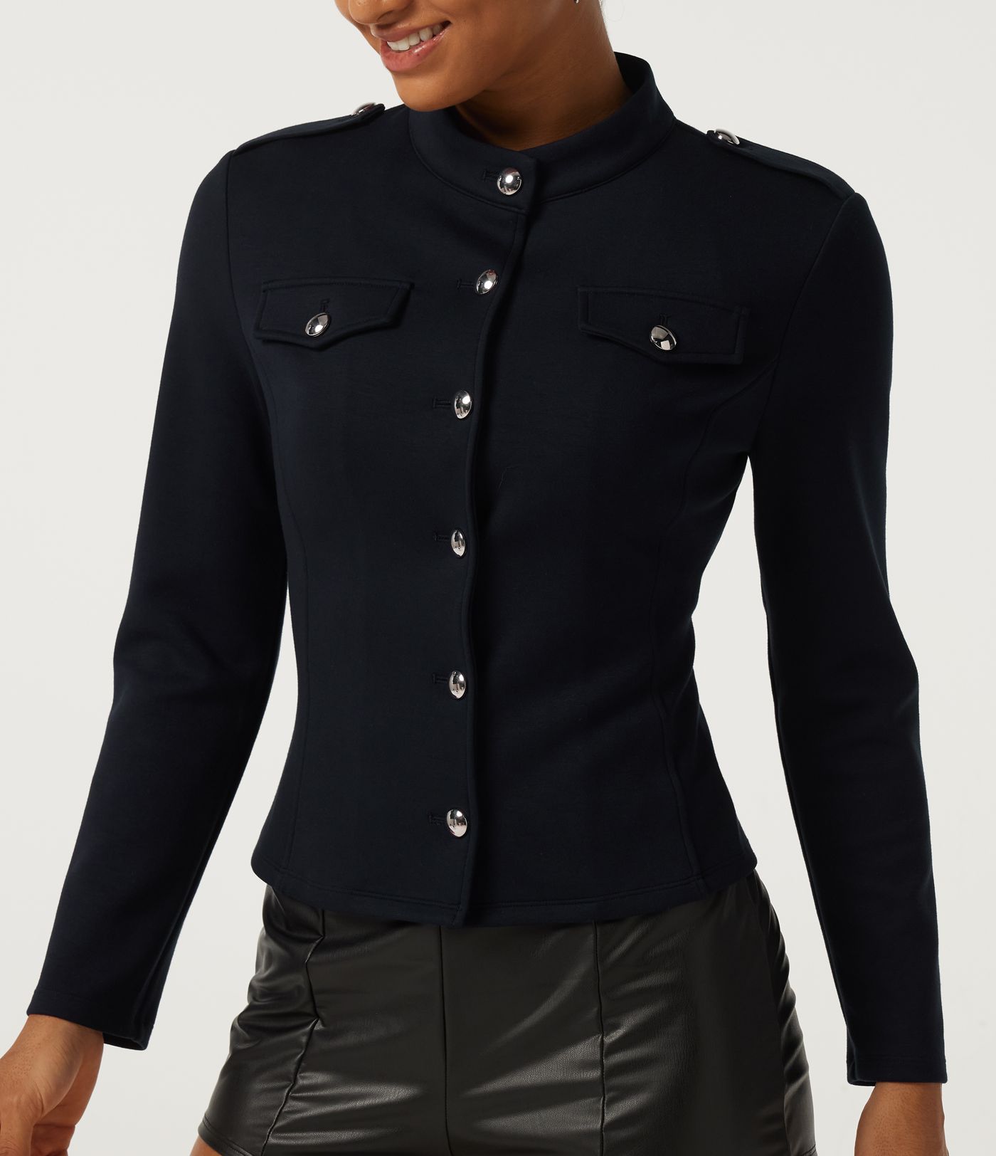 Mock Neck Long Sleeve Open Front Work Jacket