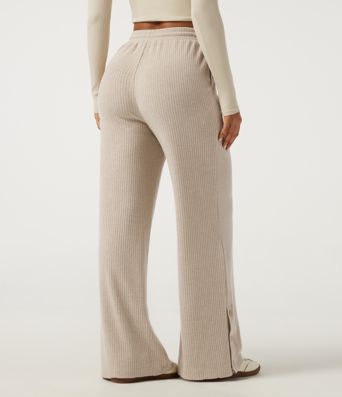 Ribbed Knit High Waisted Drawstring Baggy Casual Pants with Pockets