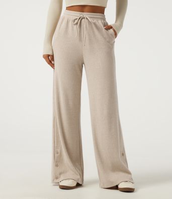 Ribbed Knit High Waisted Drawstring Baggy Casual Pants with Pockets