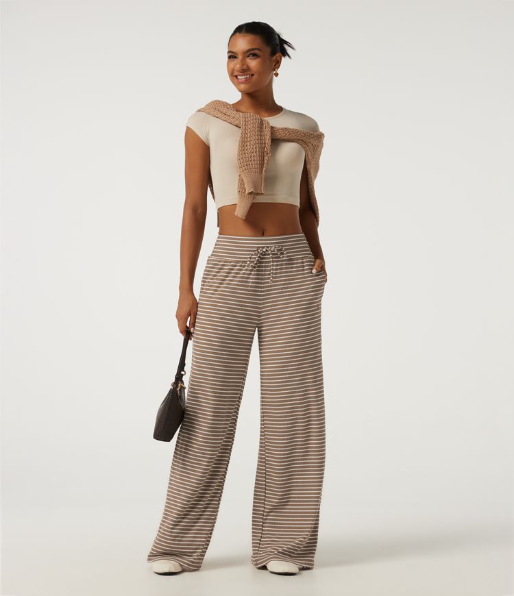 Mid Rise Drawstring Baggy Stripe Casual Pants with Pockets