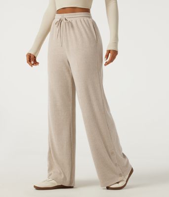 Ribbed Knit High Waisted Drawstring Baggy Casual Pants with Pockets