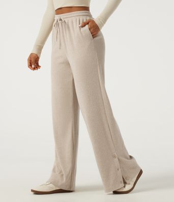 Ribbed Knit High Waisted Drawstring Baggy Casual Pants with Pockets