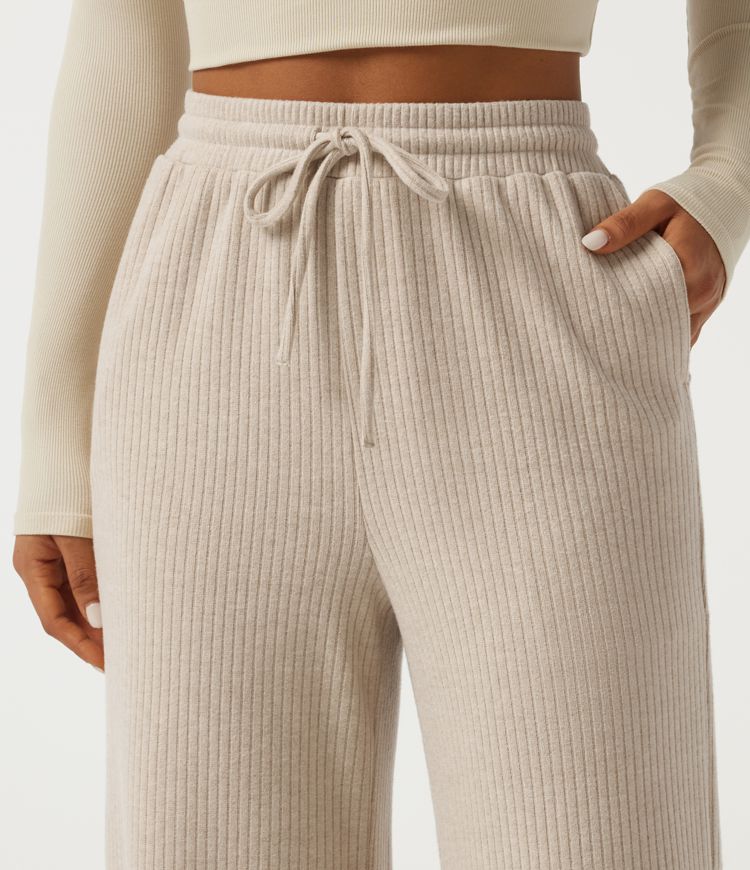 Ribbed Knit High Waisted Drawstring Baggy Casual Pants with Pockets