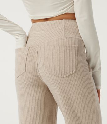 Ribbed Knit High Waisted Crossover Straight Leg Casual Pants with Pockets