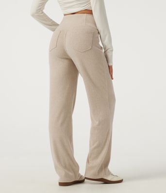 Ribbed Knit High Waisted Crossover Straight Leg Casual Pants with Pockets