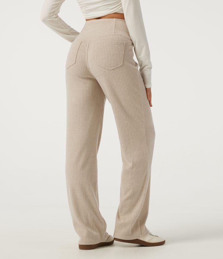Ribbed Knit High Waisted Crossover Straight Leg Casual Pants with Pockets
