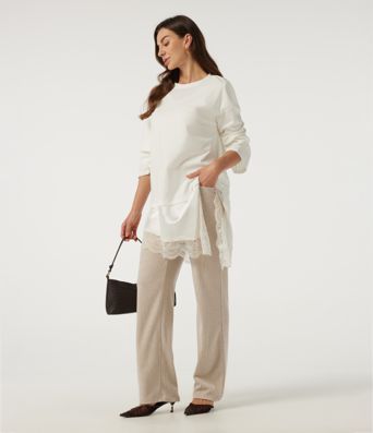 Ribbed Knit High Waisted Crossover Straight Leg Casual Pants with Pockets