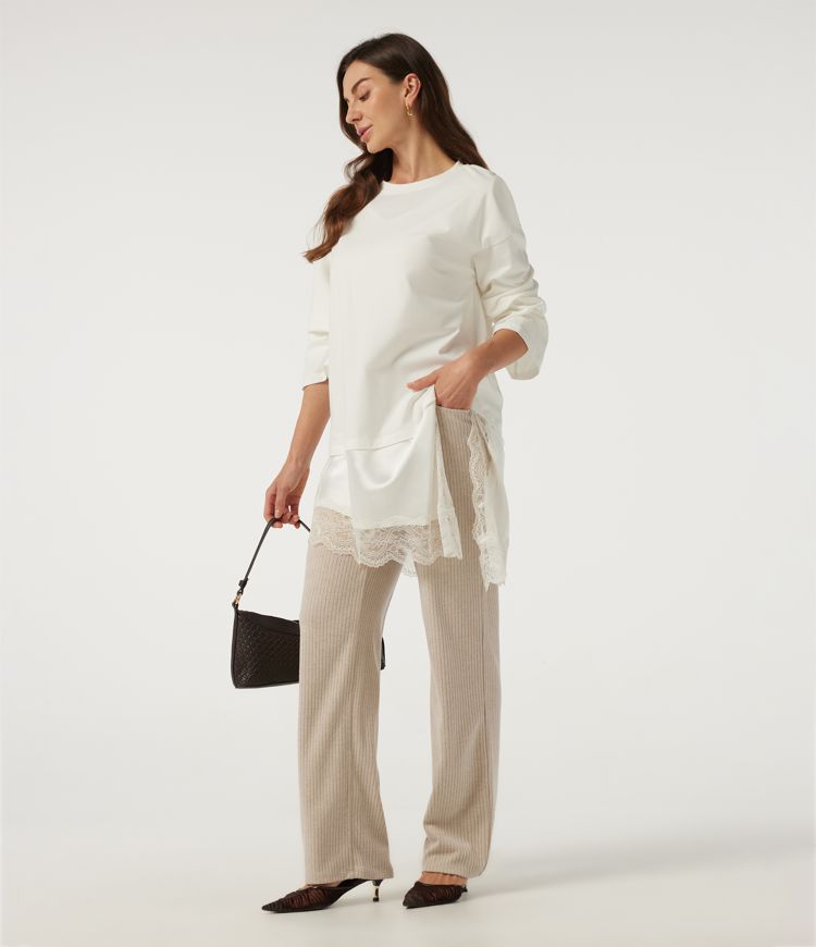Ribbed Knit High Waisted Crossover Straight Leg Casual Pants with Pockets