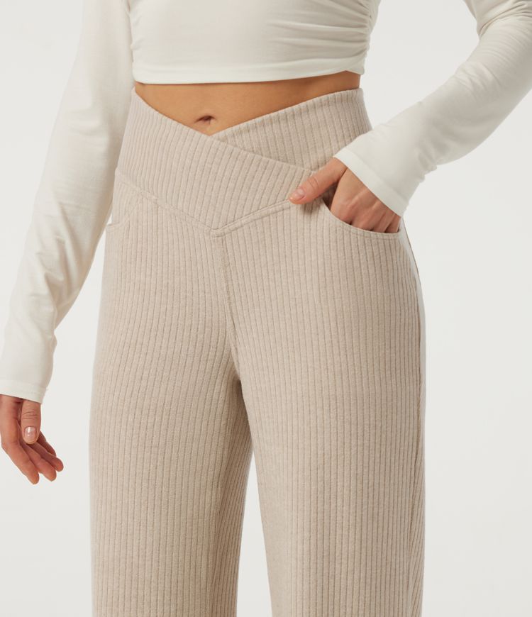 Ribbed Knit High Waisted Crossover Straight Leg Casual Pants with Pockets